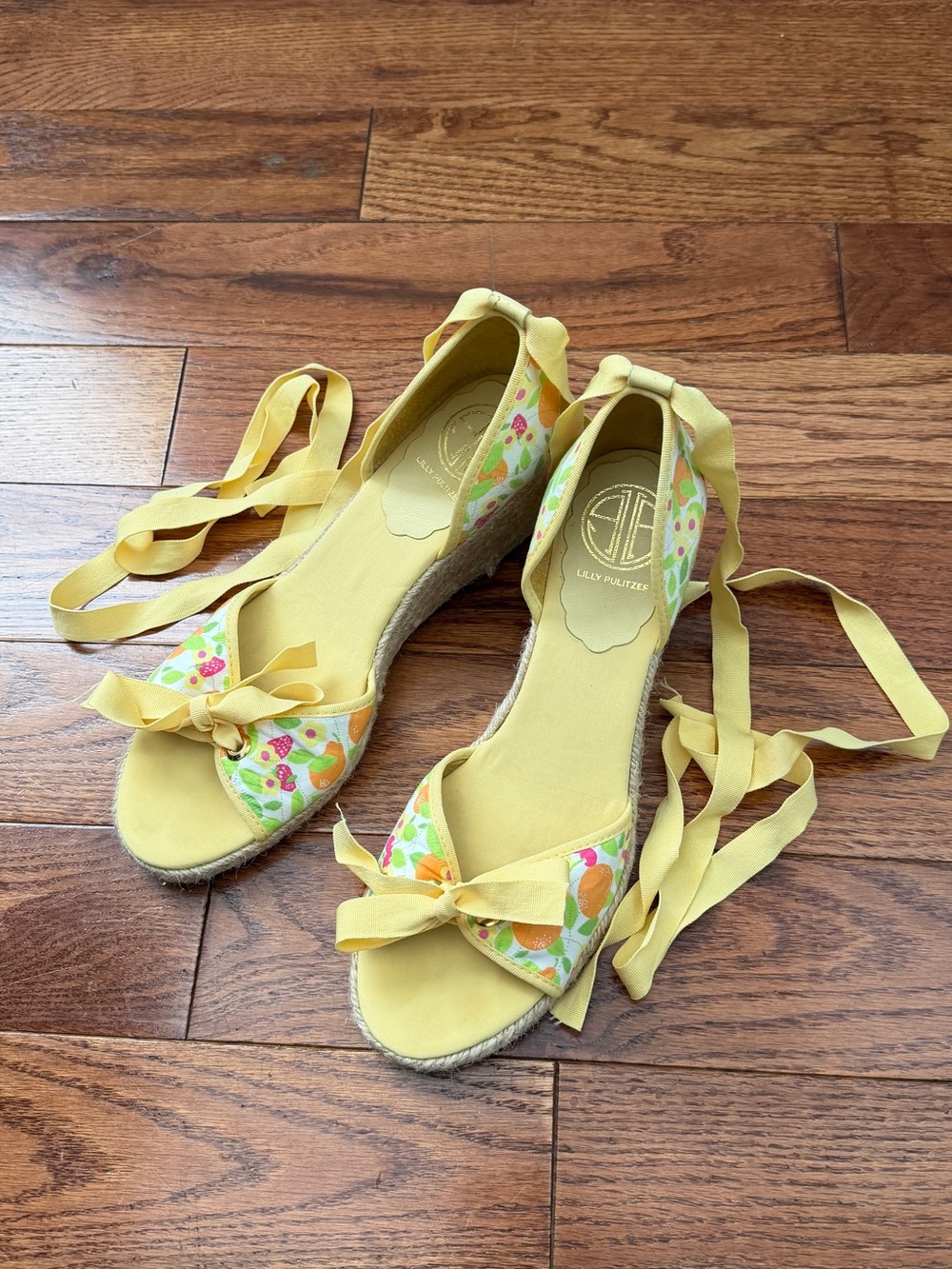 Lilly Pulitzer Yellow Floral Tie-Ankle Espadrille Wedges Sz 8